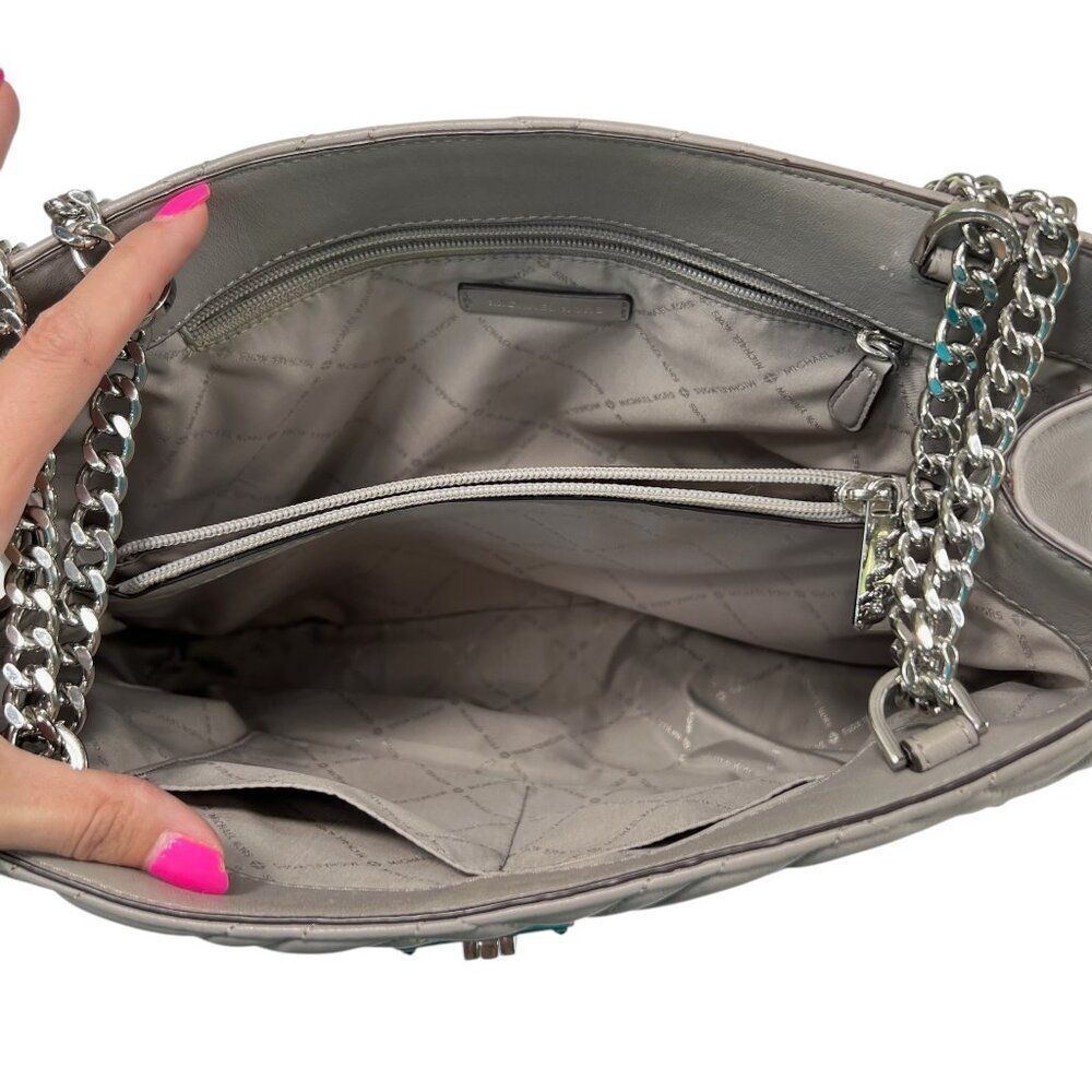 Michael Kors Quilted Leather Peyton Shoulder Bag Tote With Chain Strap Gray - Picture 5 of 14